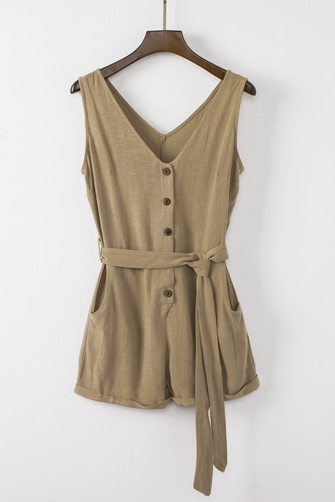 Button V Neck Romper With Belt